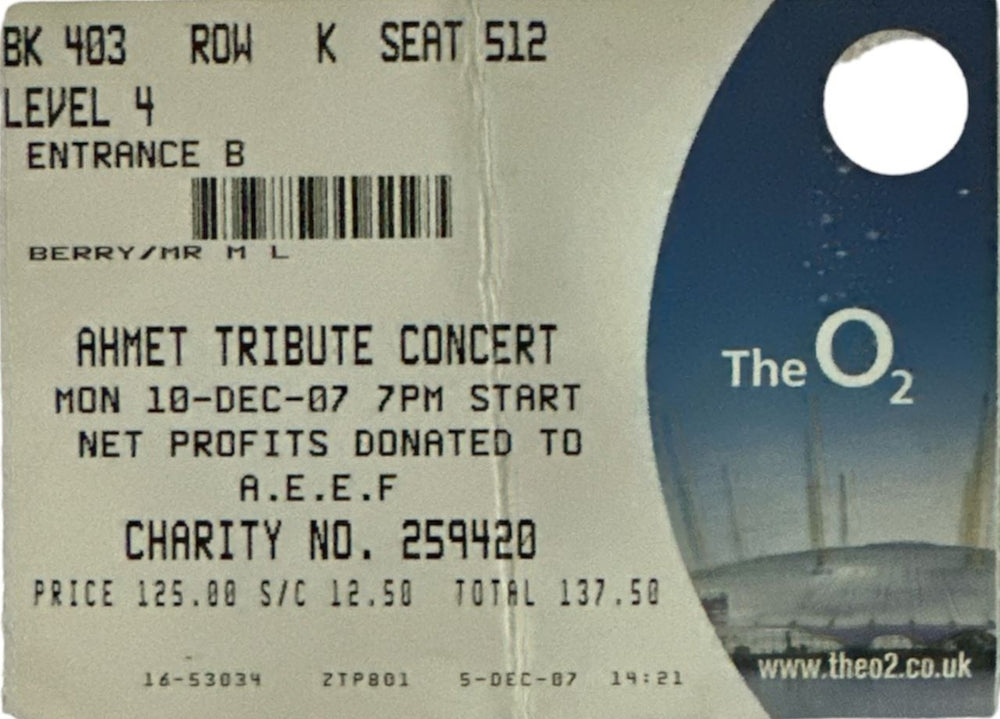 Led Zeppelin Ahmet Ertegun Tribute XL Tshirt + ticket stub UK memorabilia