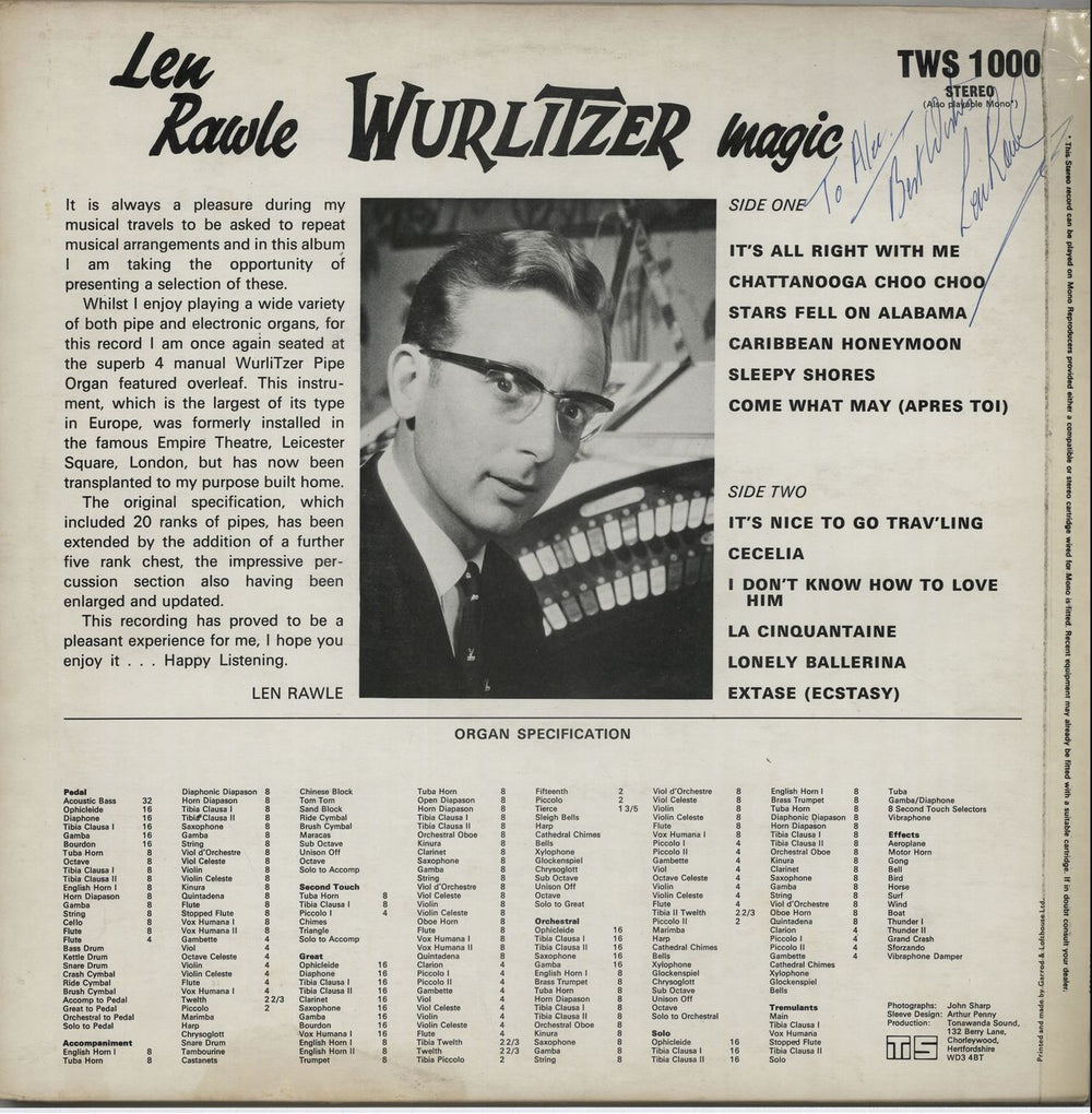 Len Rawle Wurlitzer Magic - Autographed UK vinyl LP album (LP record) N9PLPWU643257