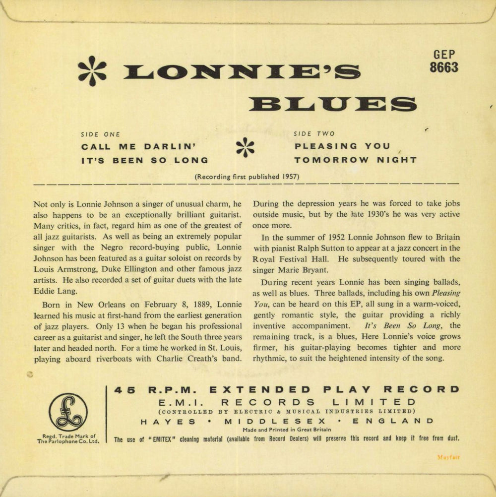 Lonnie Johnson Lonnie's Blues UK 7" vinyl single (7 inch record / 45)