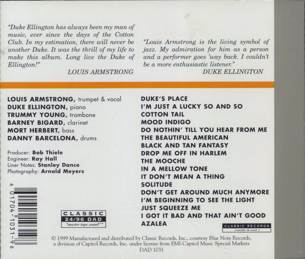 Louis Armstrong & Duke Ellington The Complete Sessions US DVD-Audio disc 601704103198