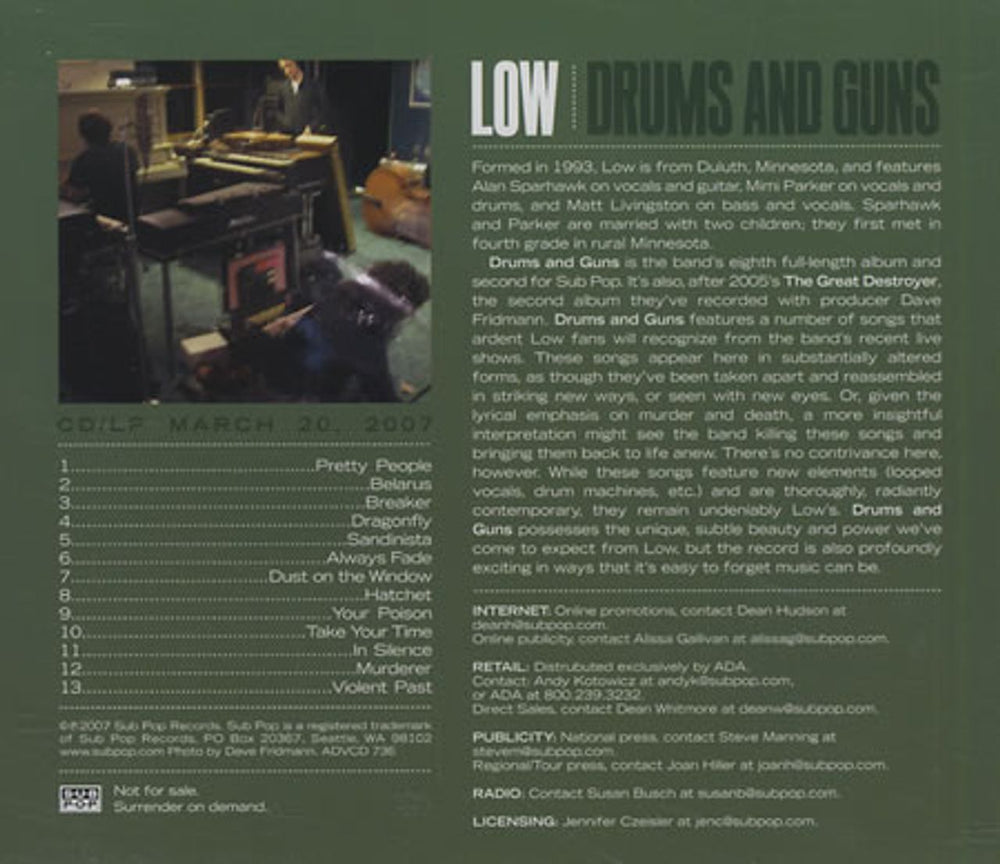 Low Drums And Guns US Promo CD album (CDLP) ADVCD736