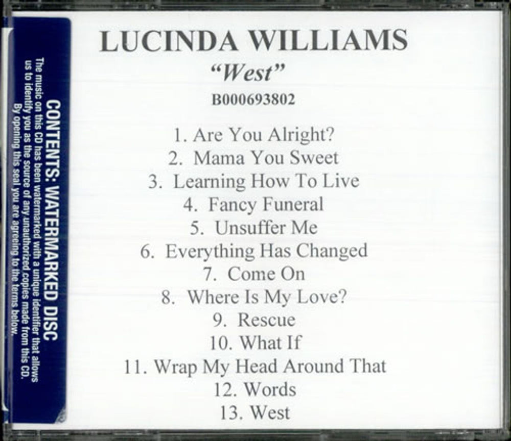 Lucinda Williams West US Promo CD-R acetate CDR ACETATE