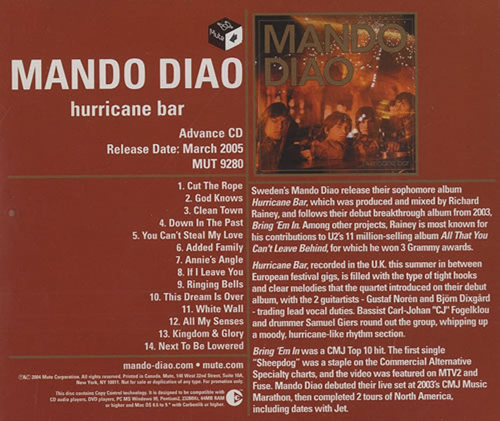 Mando Diao Hurricane Bar US Promo CD album (CDLP) MUT9280