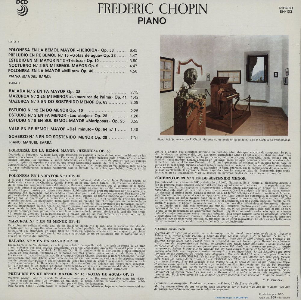 Manuel Barea Frederic Chopin: Piano Spanish vinyl LP album (LP record)