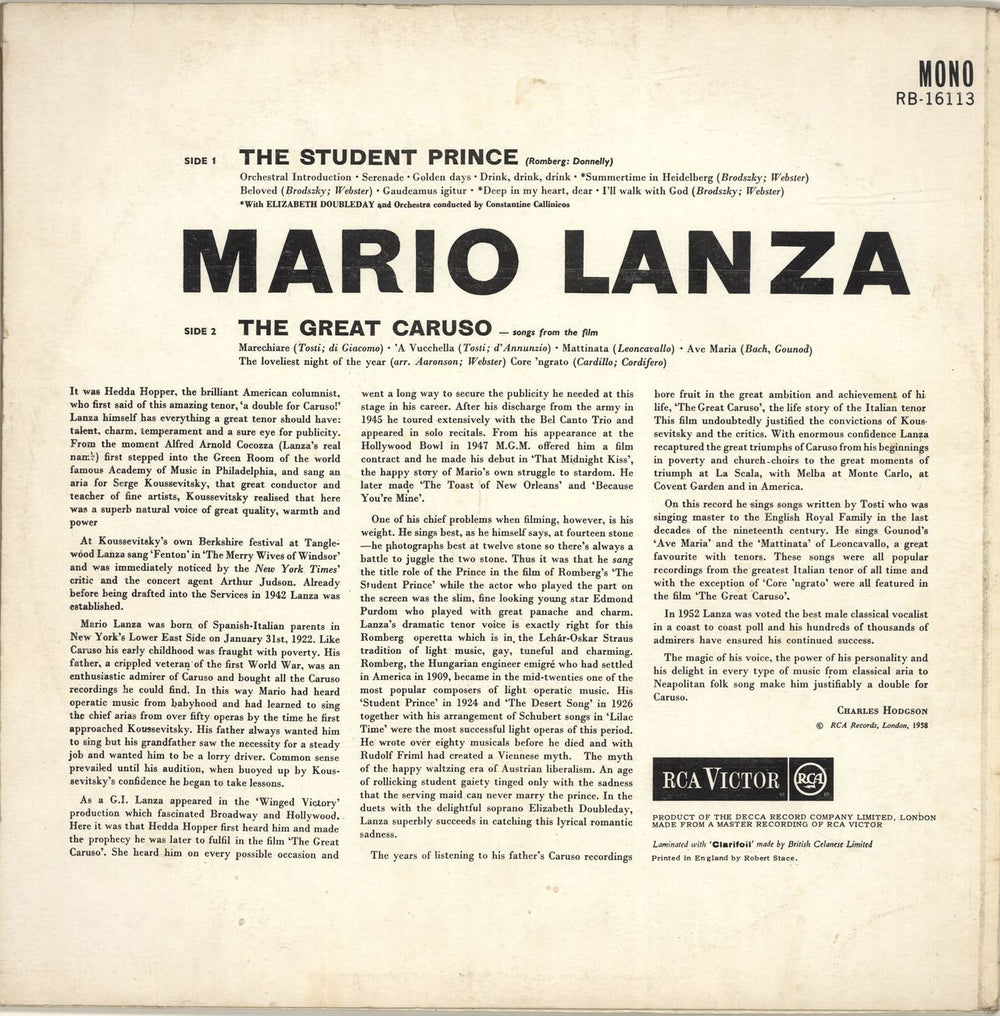 Mario Lanza The Student Prince And The Great Caruso UK vinyl LP album (LP record)