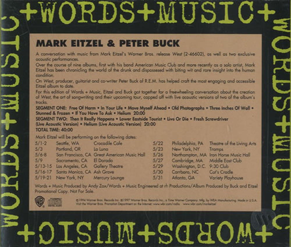 Mark Eitzel & Peter Buck Words & Music US Promo CD album (CDLP) PRO-CD-8783