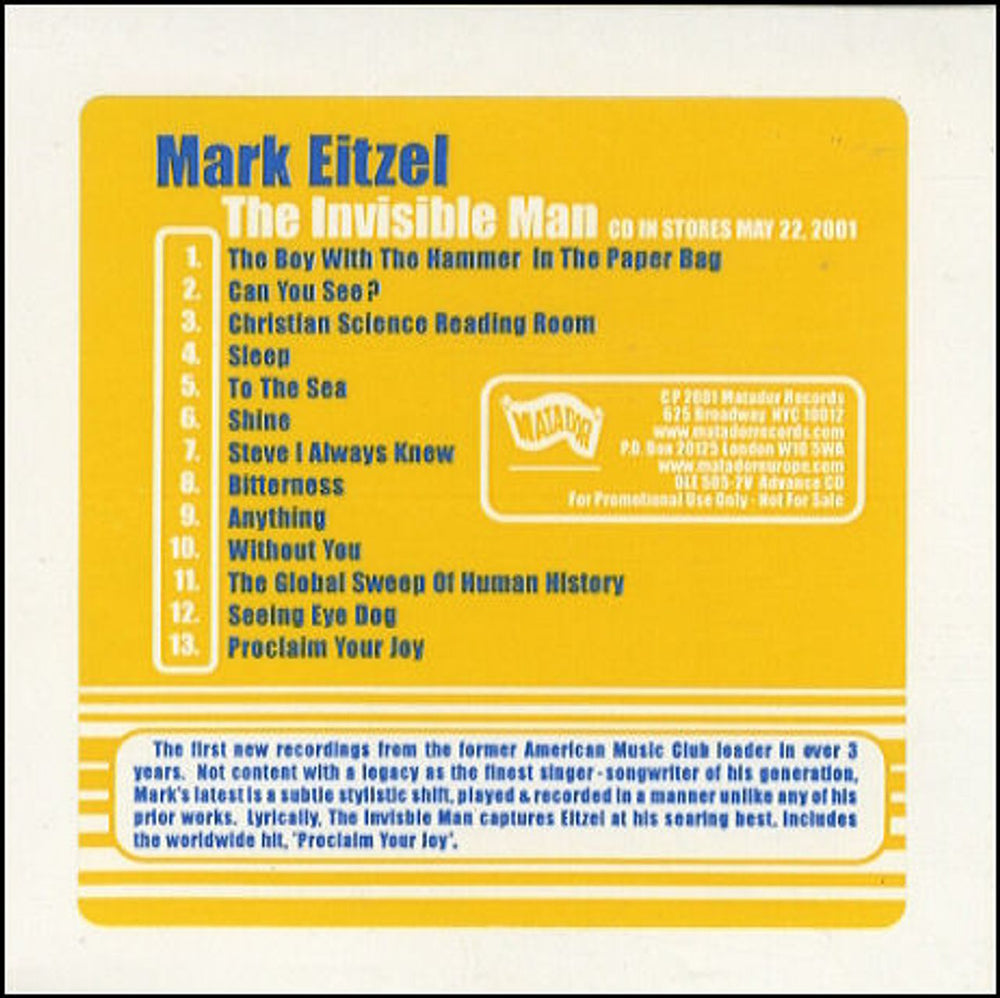 Mark Eitzel The Invisible Man US Promo CD album (CDLP) OLE505-2V