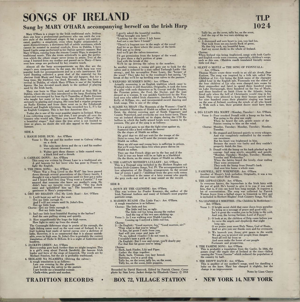 Mary O'Hara Songs Of Ireland US vinyl LP album (LP record)