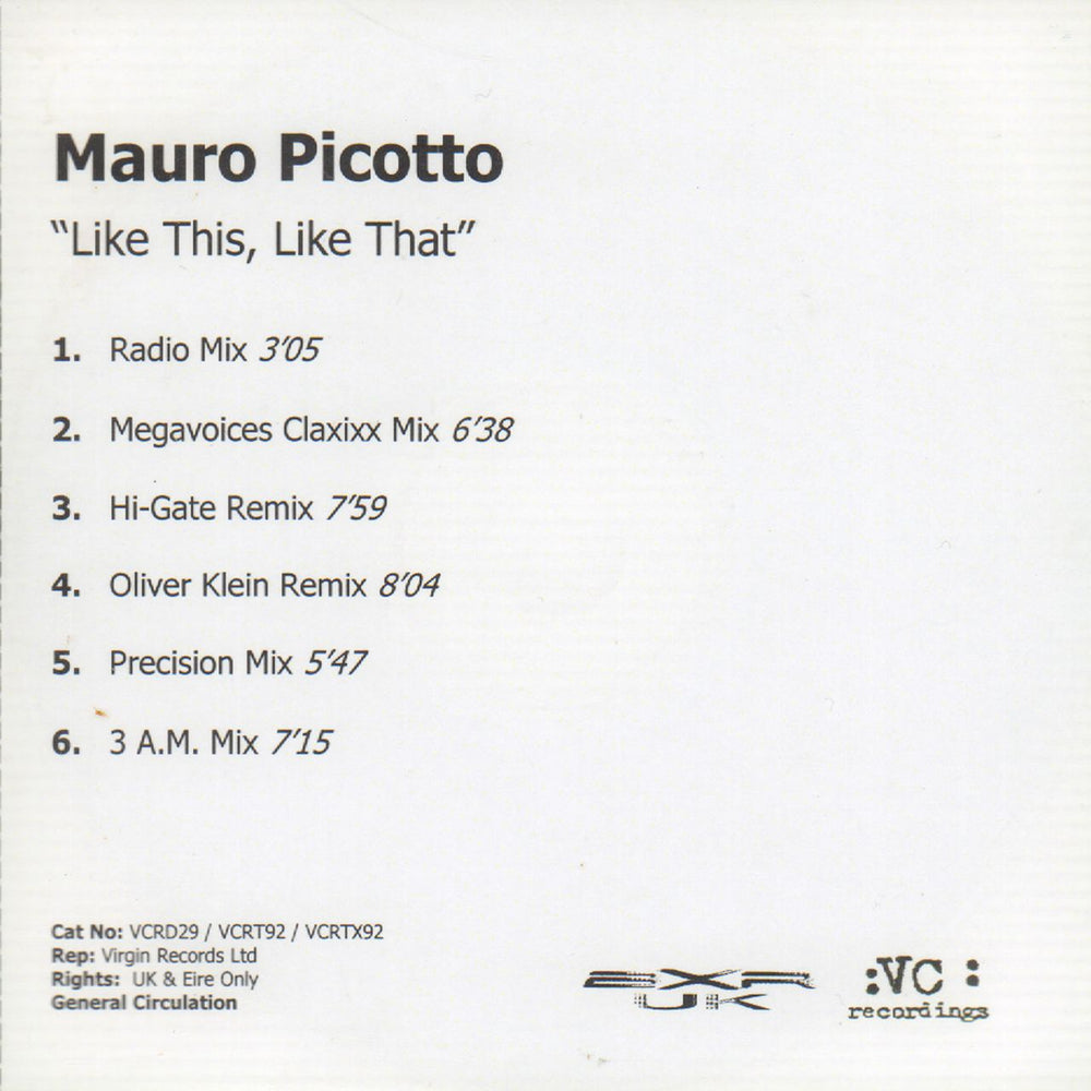 Mauro Picotto Like This, Like That UK Promo CD-R acetate CD-R