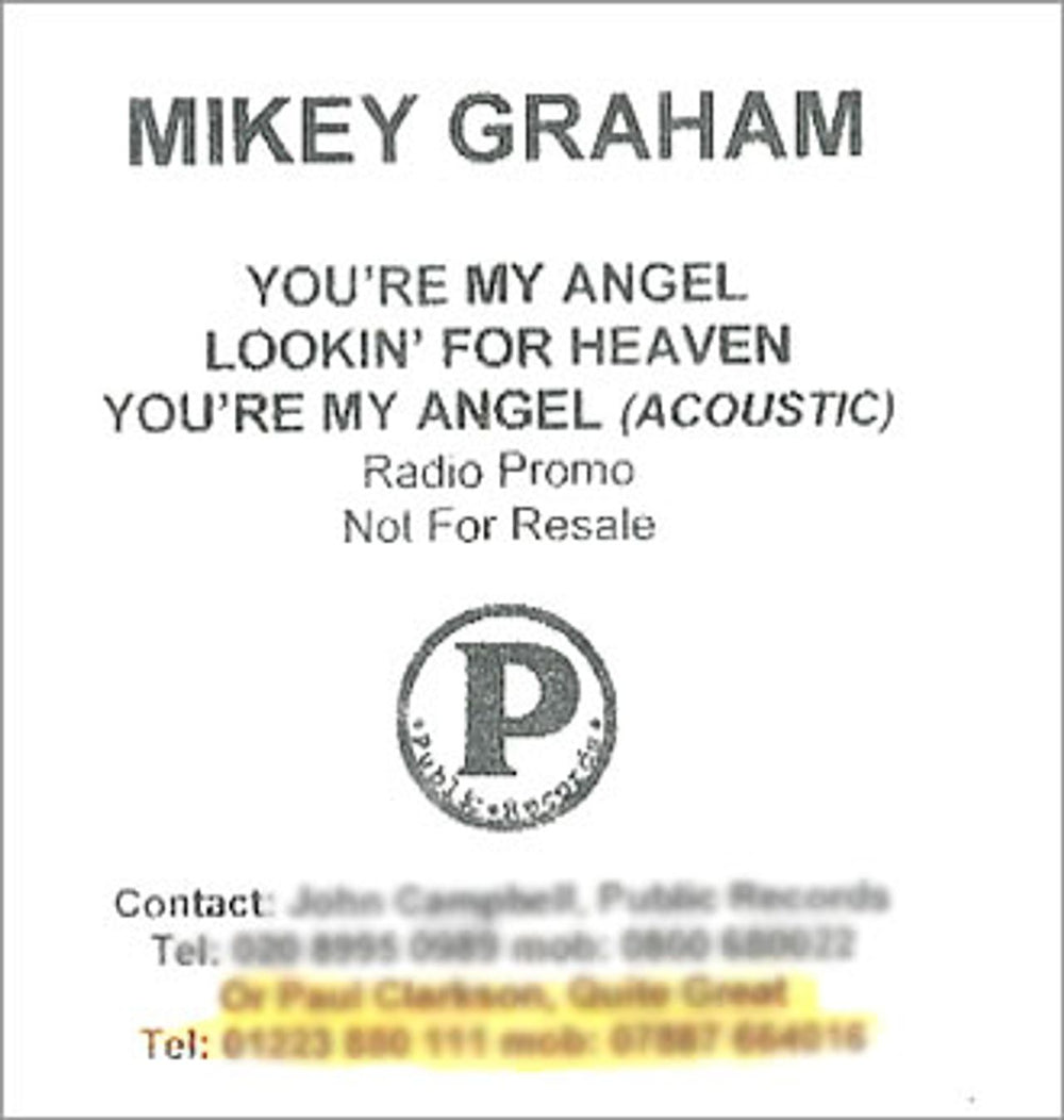 Mikey Graham You're My Angel - 3-trk UK Promo CD-R acetate CD ACETATE