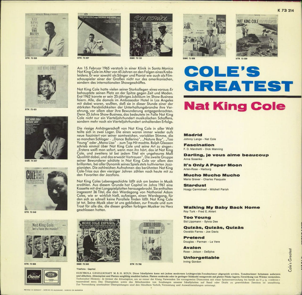 Nat King Cole Cole's Greatest German vinyl LP album (LP record)