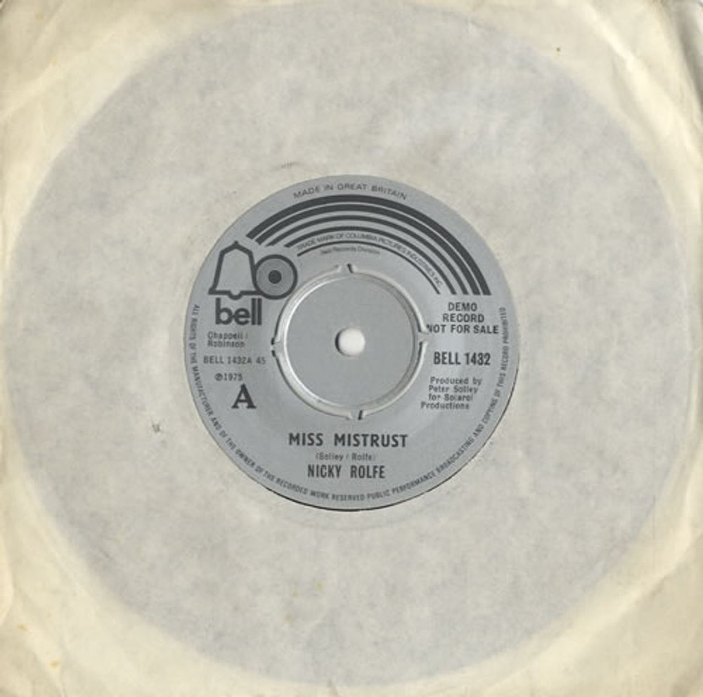 Nicky Rolfe Miss Mistrust UK Promo 7" vinyl single (7 inch record / 45) BELL1432