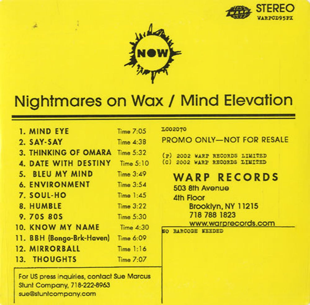 Nightmares On Wax Mind Elevation US Promo CD album (CDLP) WARPCD95PX