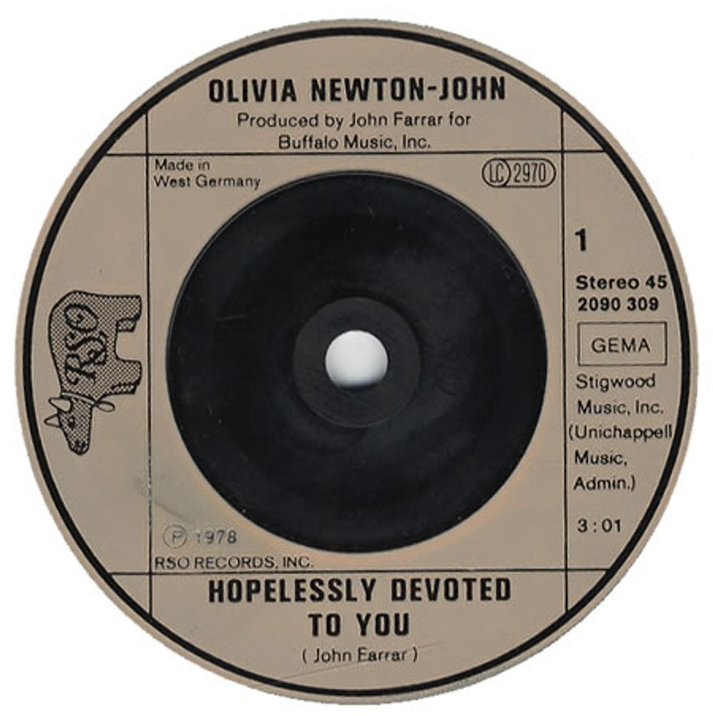 Olivia Newton John Hopelessly Devoted To You German 7" vinyl single (7 inch record / 45) 2090309