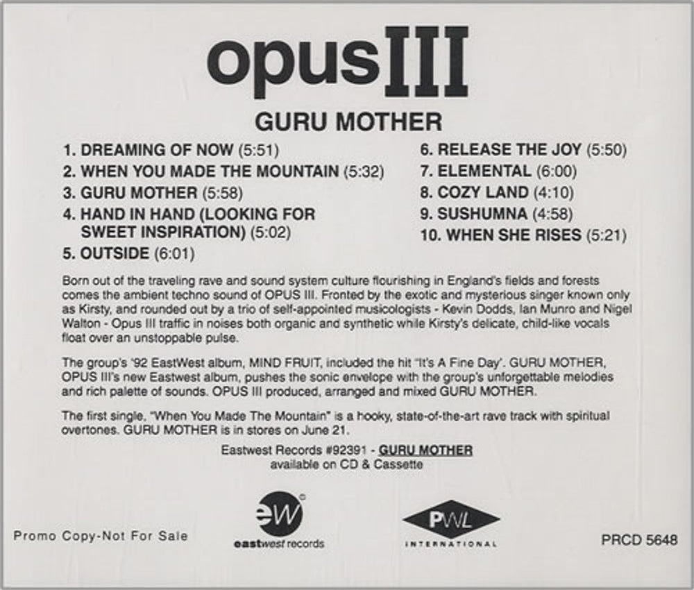 Opus III Guru Mother US Promo CD album (CDLP) PRCD5648