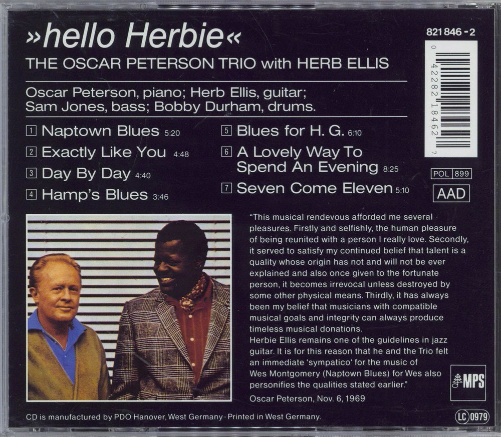 Oscar Peterson Hello Herbie German CD album (CDLP) 042282184627