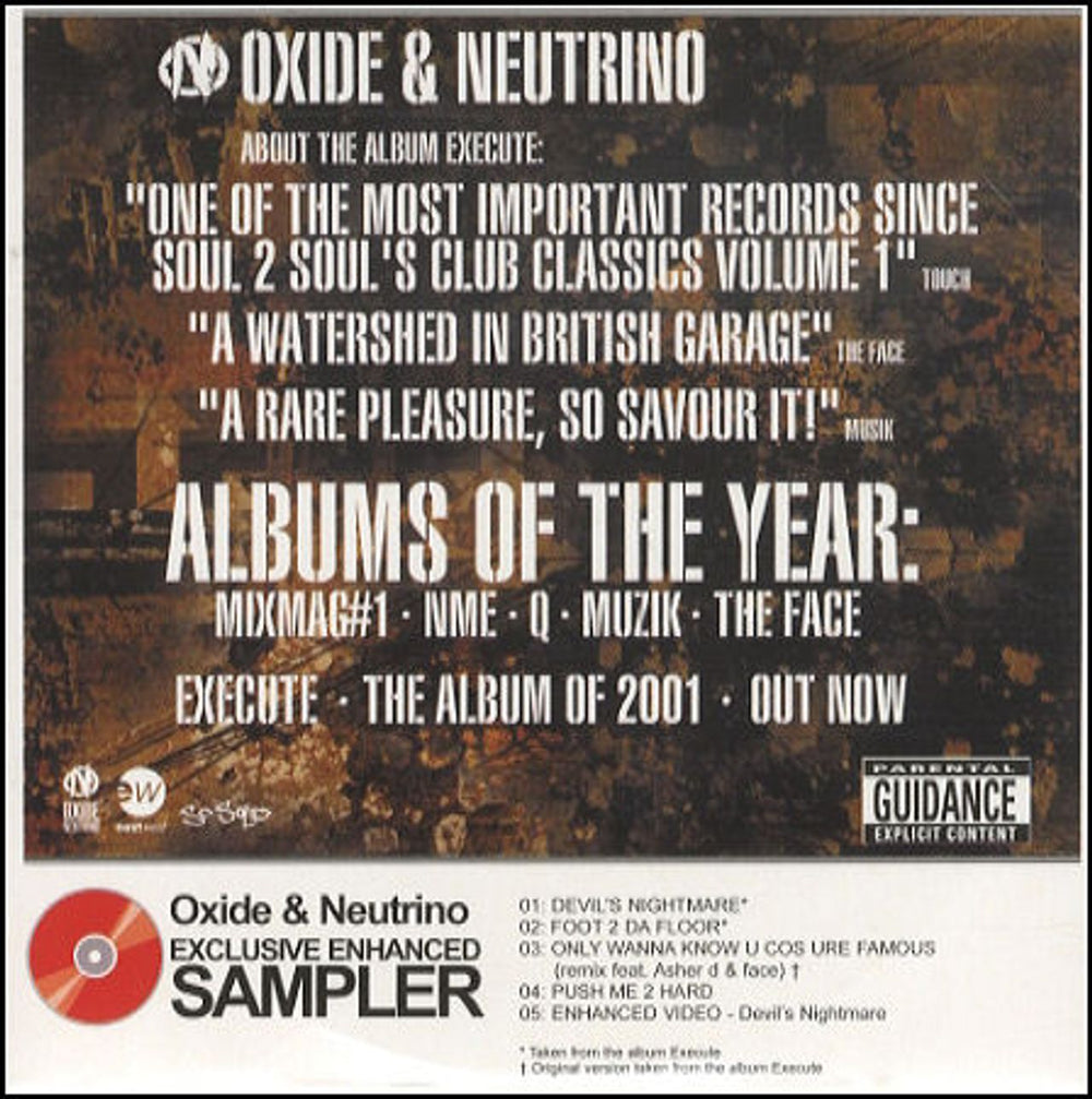 Oxide Neutrino Exclusive Enhanced Sampler UK Promo CD single (CD5 / 5") WSMSPCD002