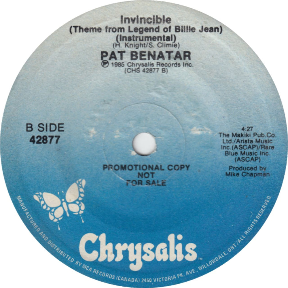 Pat Benatar Invincible (Theme From The Legend Of Billie Jean) Canadian Promo 7" vinyl single (7 inch record / 45) BEN07IN698631