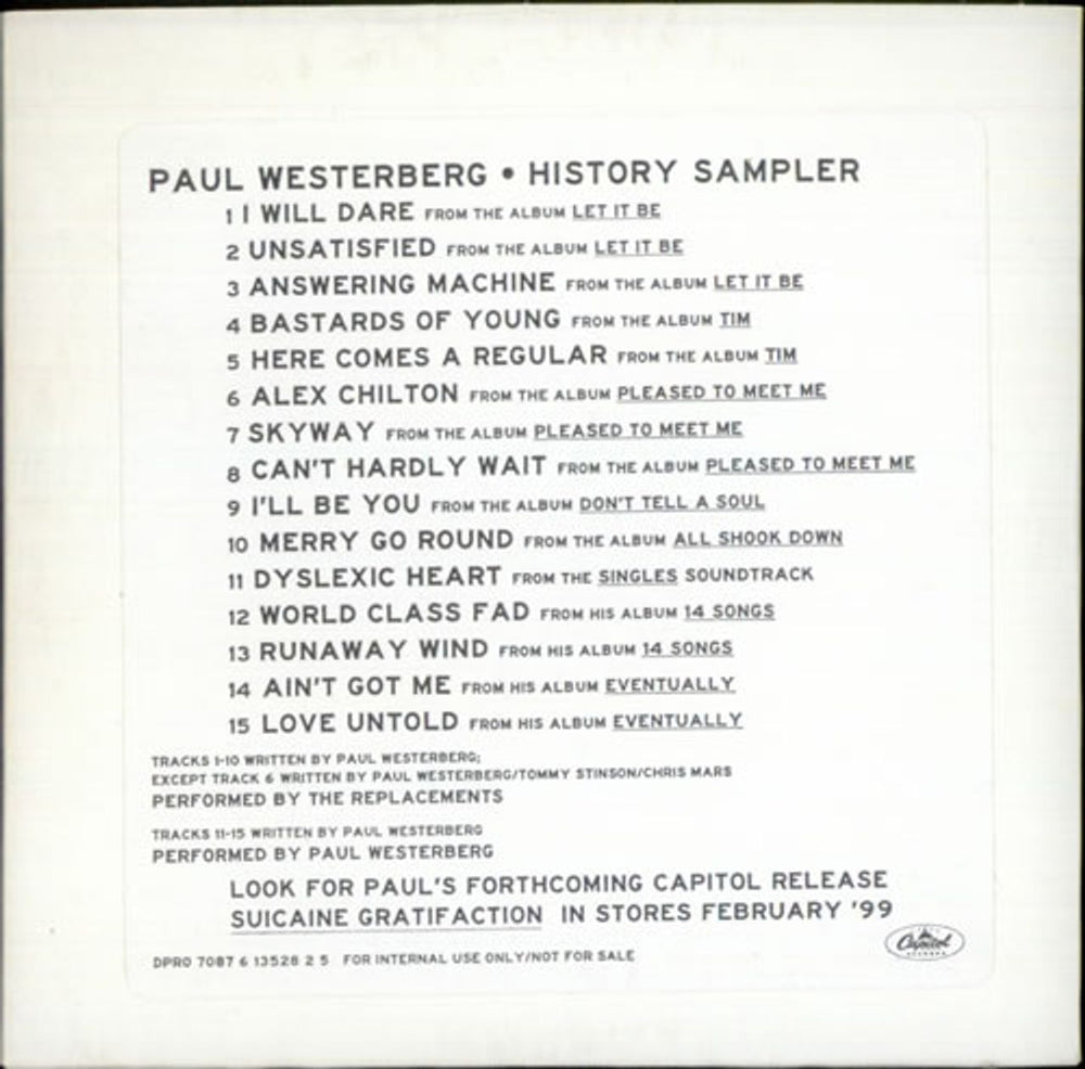 Paul Westerberg History Sampler US Promo CD album (CDLP) DPRO13528