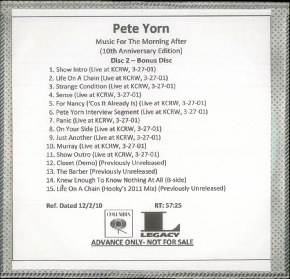 Pete Yorn Music For The Morning After - 10th Anniversary Edtion US Promo CD-R acetate PYNCRMU536106