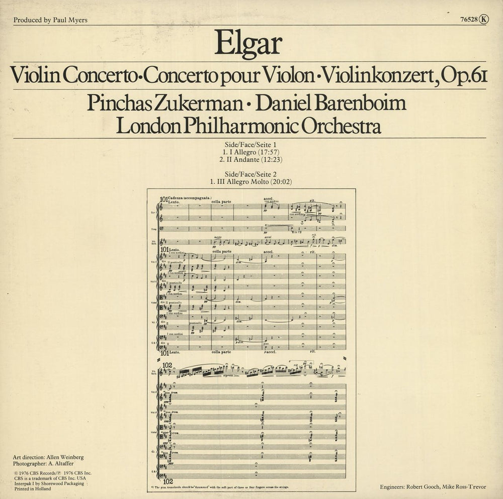 Pinchas Zukerman Elgar: Violin Concerto UK vinyl LP album (LP record)