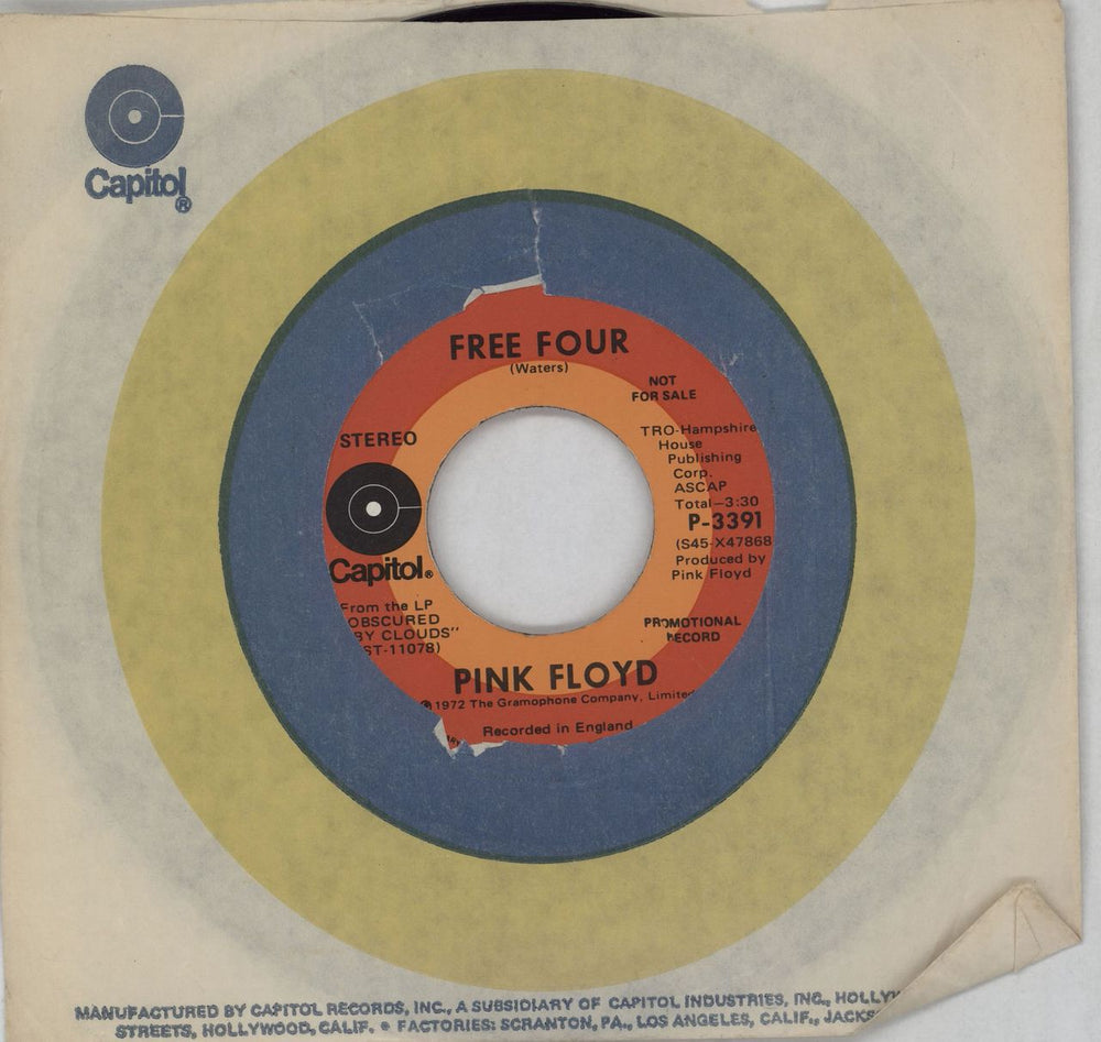 Pink Floyd Free Four US Promo 7" vinyl single (7 inch record / 45) P-3391