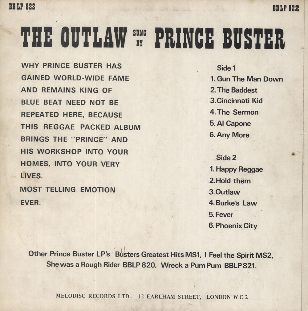 Prince Buster Queen Of The Outlaws - EX UK vinyl LP album (LP record)