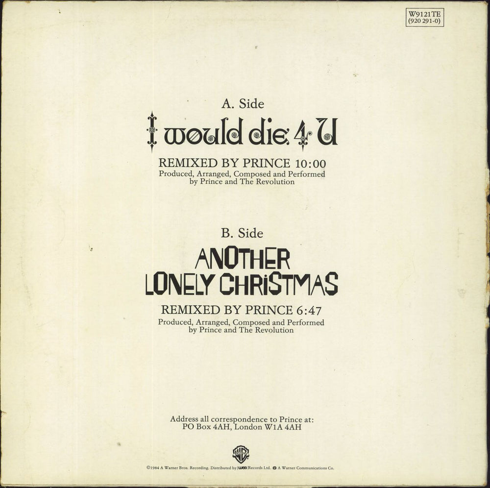 Prince I Would Die 4 U - U.S. Remix - VG Sleeve UK 12" vinyl single (12 inch record / Maxi-single)