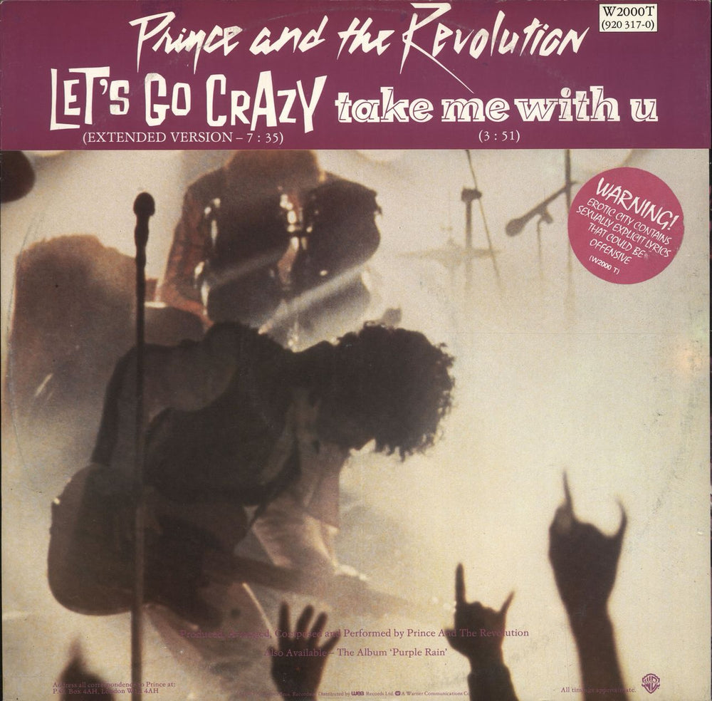 Prince Let's Go Crazy + Stickered Sleeve UK 12" vinyl single (12 inch record / Maxi-single) W2000T