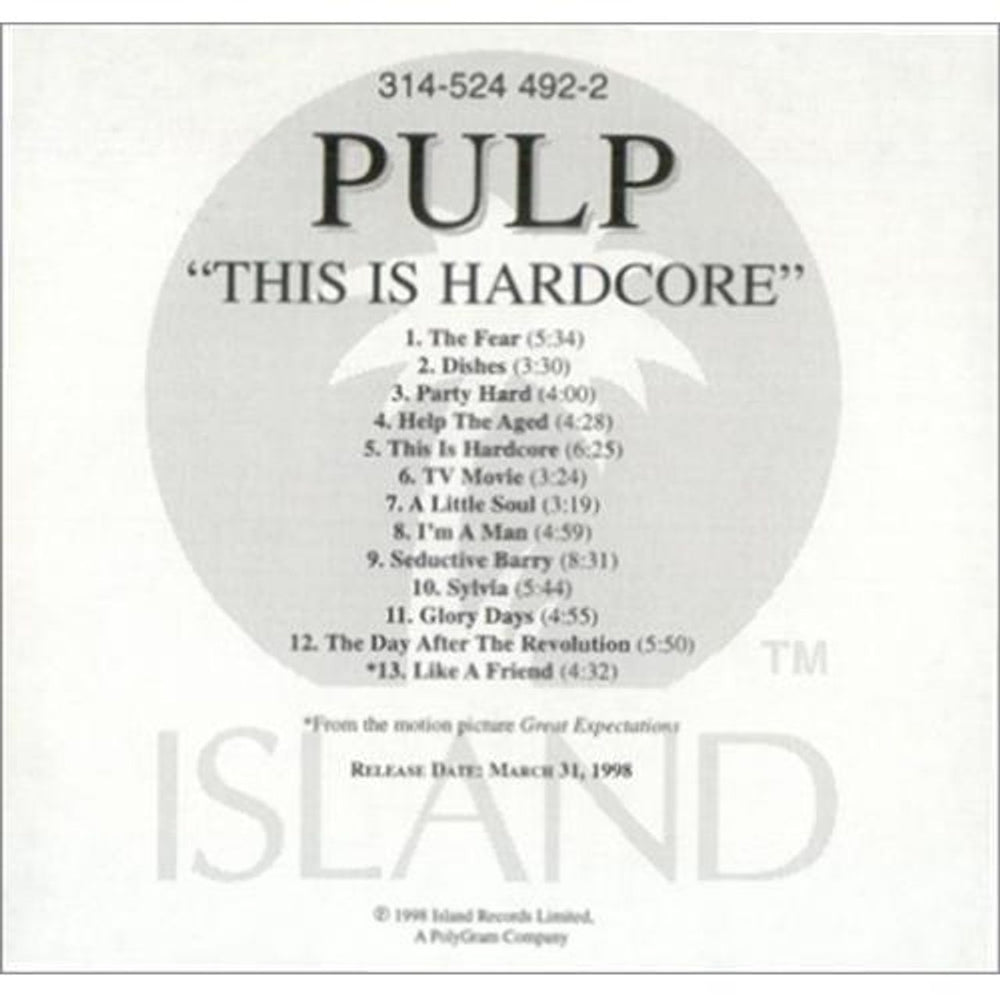 Pulp This Is Hardcore US Promo CD-R acetate CD-R
