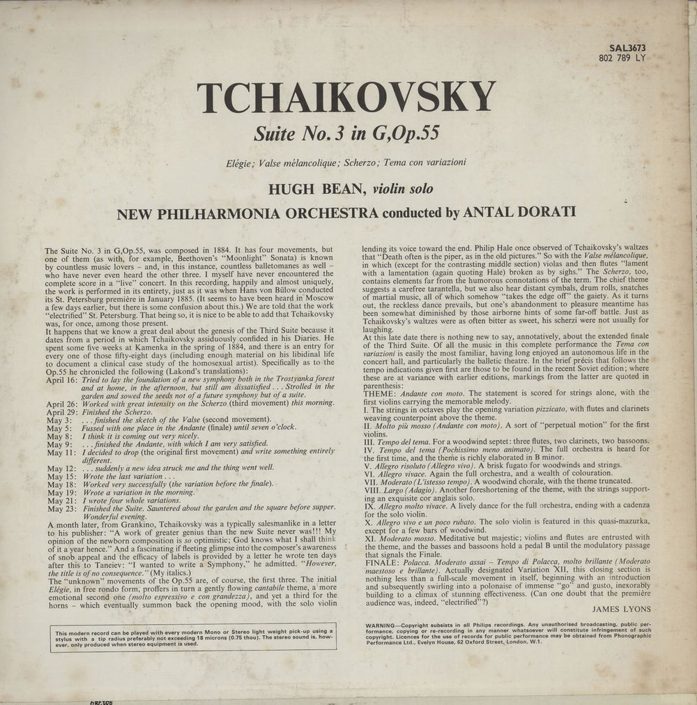 Pyotr Ilyich Tchaikovsky Suite No. 3 UK vinyl LP album (LP record)