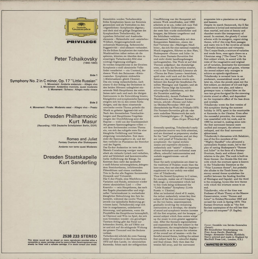 Pyotr Ilyich Tchaikovsky Symphony No. 2 in C Minor "Little Russian" / Romeo And Juliet UK vinyl LP album (LP record)