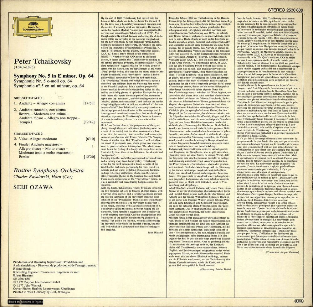 Pyotr Ilyich Tchaikovsky Symphony No. 5 in E minor, Op. 64 UK vinyl LP album (LP record)