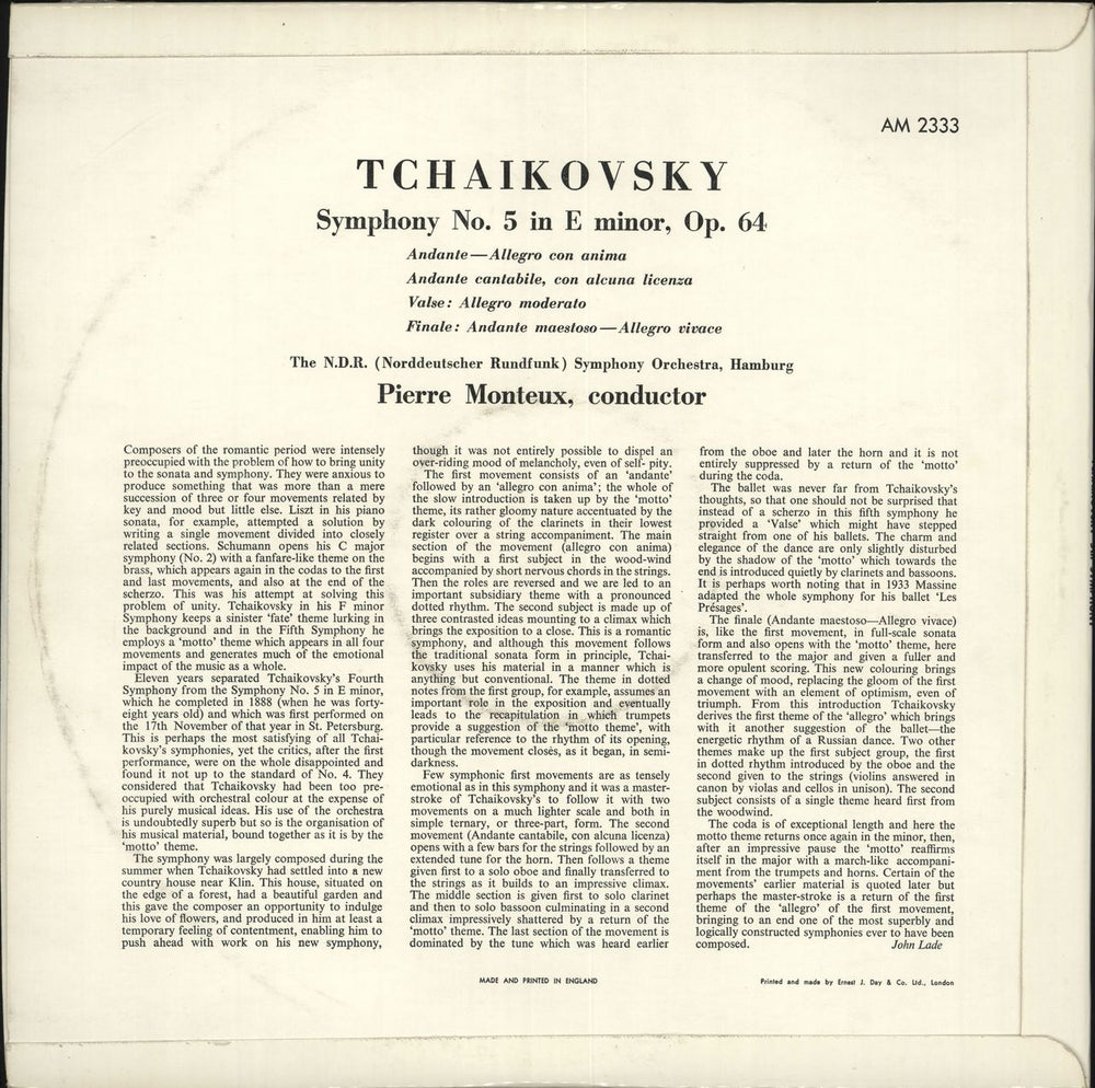 Pyotr Ilyich Tchaikovsky Symphony No. 5 in E Minor, Op.64 UK vinyl LP album (LP record)