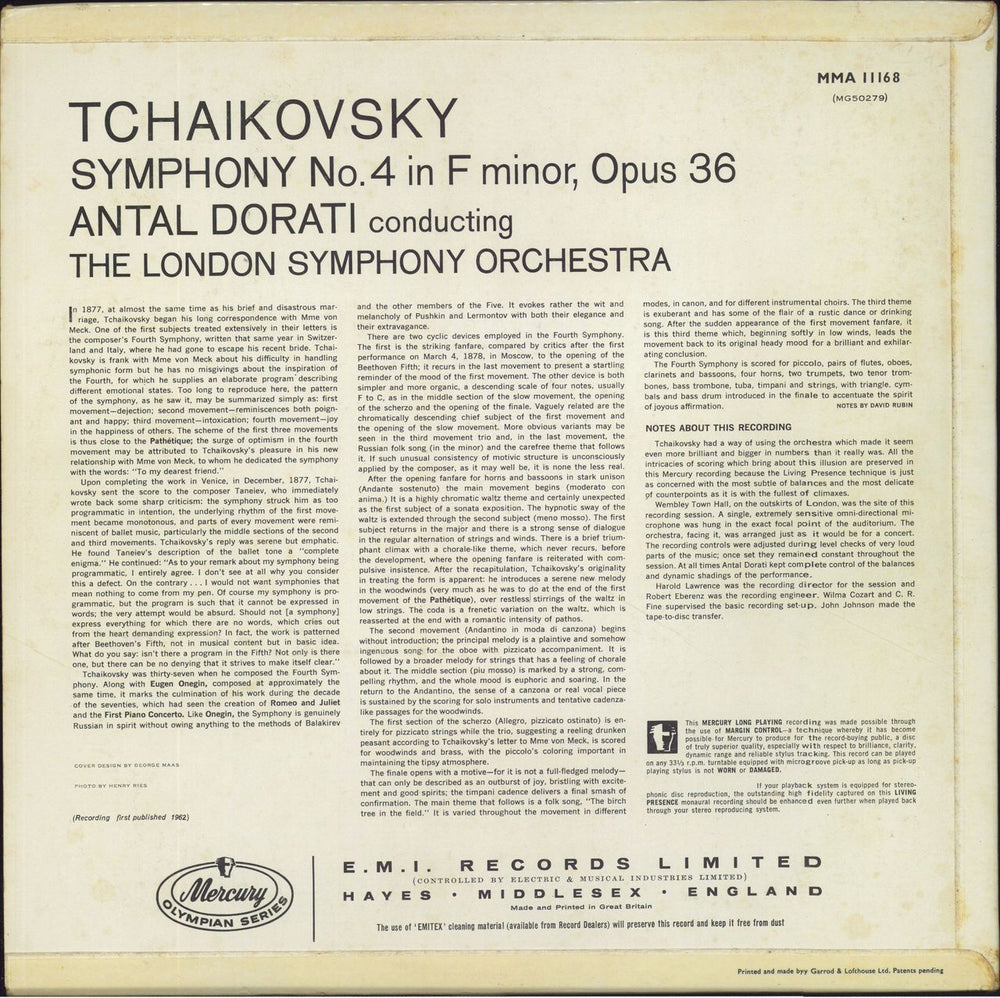 Pyotr Ilyich Tchaikovsky Tchaikovsky: Symphony No. 4 In F Minor, Opus 36 UK vinyl LP album (LP record)