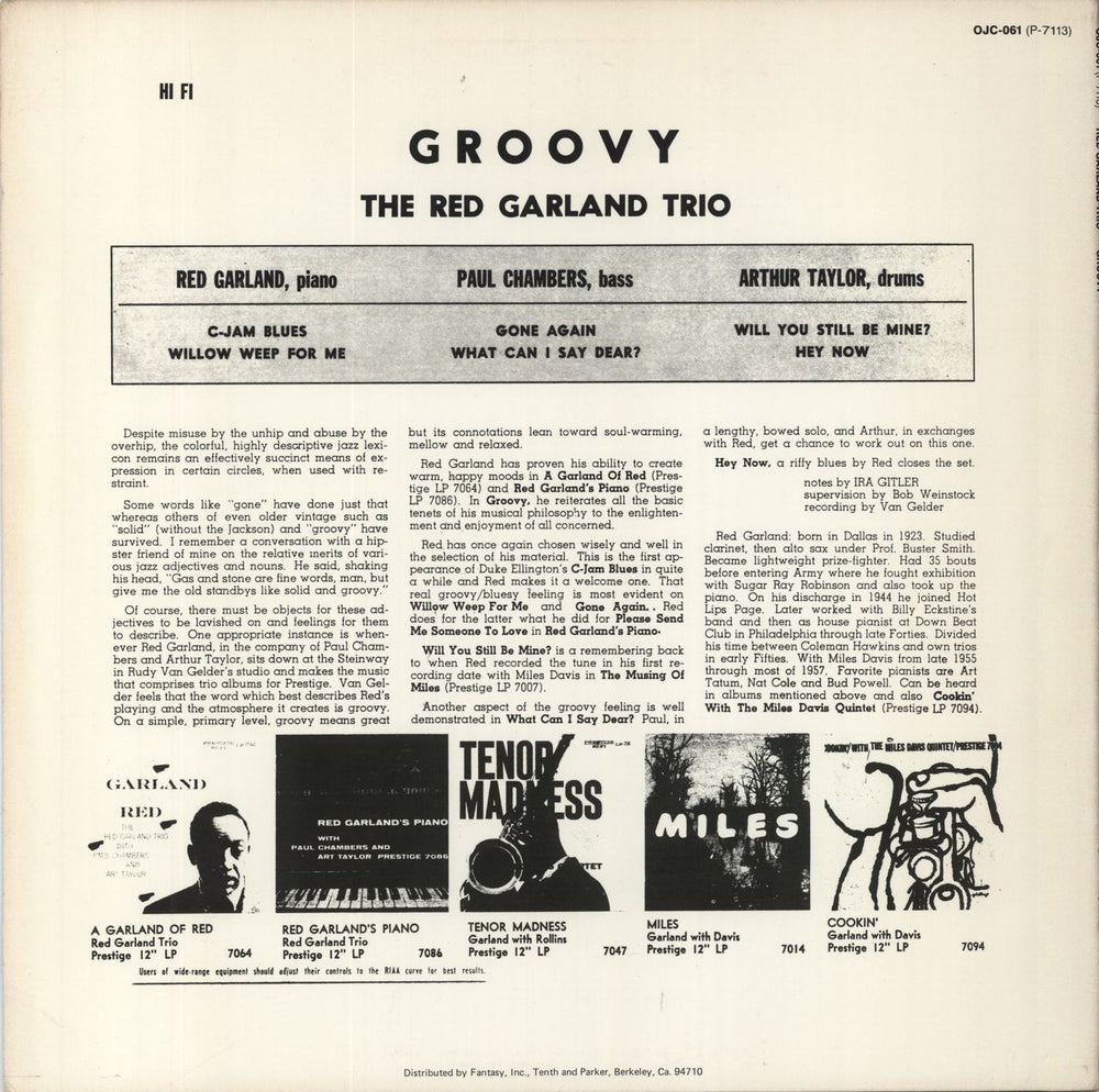 Red Garland Groovy US vinyl LP album (LP record)