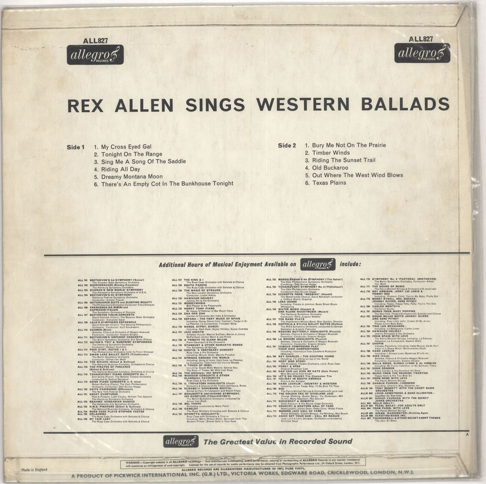 Rex Allen Rex Allen Sings Western Ballads UK vinyl LP album (LP record)