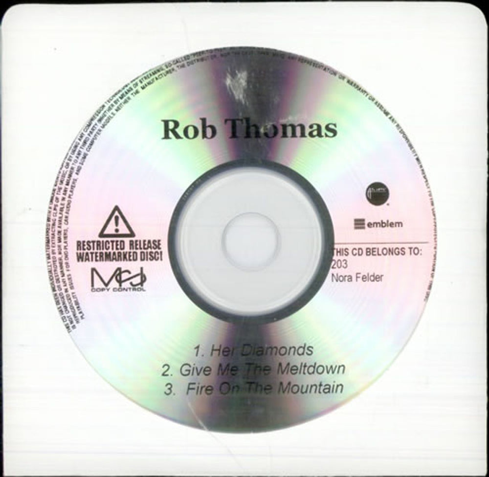 Rob Thomas Cradlesong Sampler US Promo CD-R acetate CD-R ACETATE