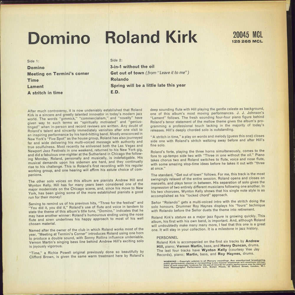 Roland Kirk Domino - 1st - EX UK vinyl LP album (LP record) LKKLPDO781622