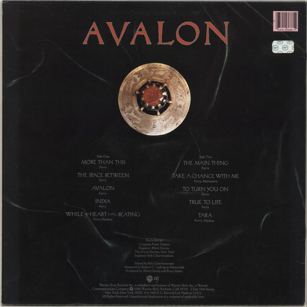 Roxy Music Avalon US vinyl LP album (LP record) 075992368612