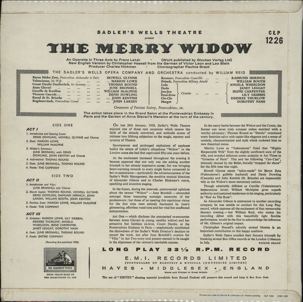 Sadler's Wells Theatre The Merry Widow UK vinyl LP album (LP record)