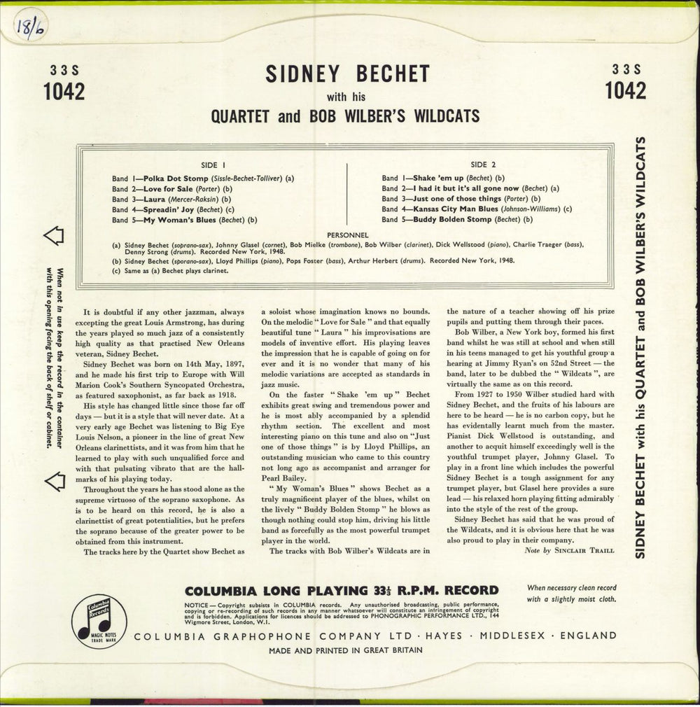 Sidney Bechet Sidney Bechet With His Quartet And Bob Wilber's Wildcats UK 10" vinyl single (10 inch record)