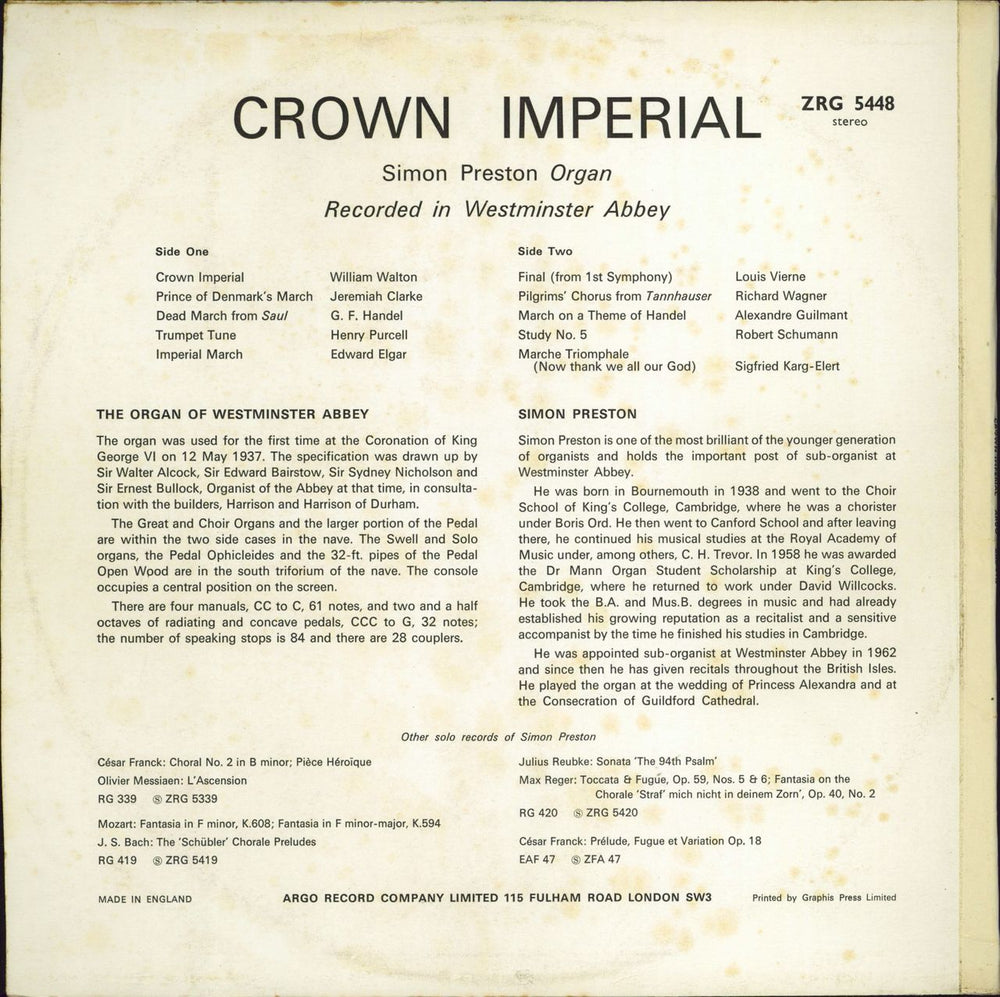 Simon Preston Crown Imperial UK vinyl LP album (LP record)