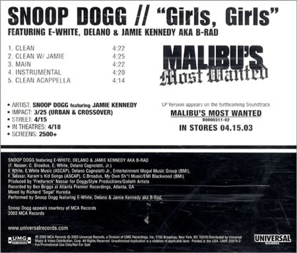 Snoop Doggy Dogg Girls, Girls US Promo CD single (CD5 / 5") UNIR20979-2