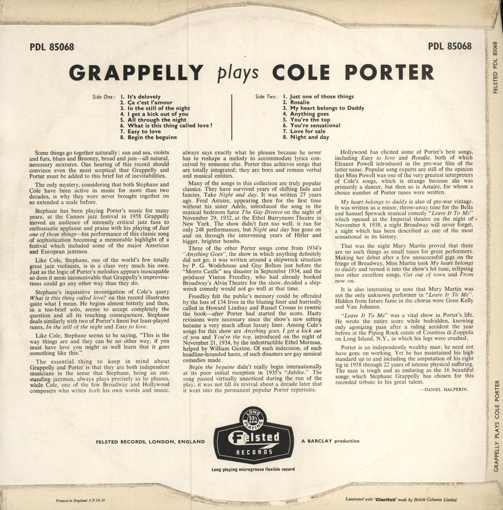 Stéphane Grappelli Plays Cole Porter UK vinyl LP album (LP record)