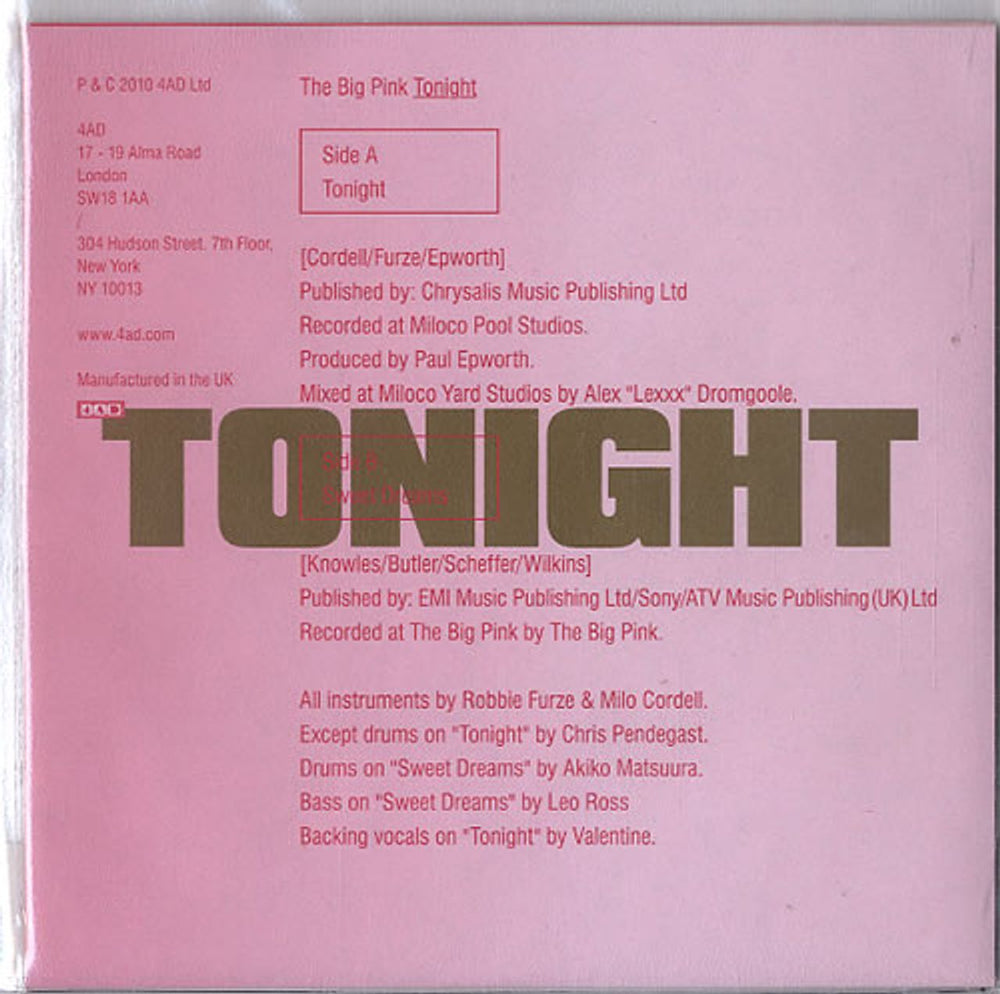 The Big Pink Tonight UK 7" vinyl single (7 inch record / 45) AD3X19