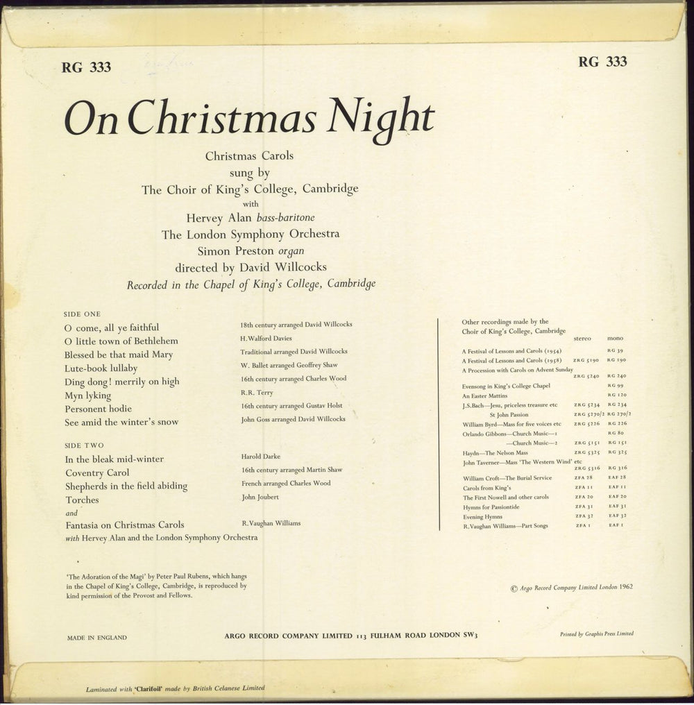 The Choir Of King's College, Cambridge On Christmas Night UK vinyl LP album (LP record)