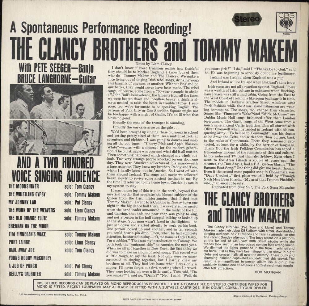 The Clancy Brothers & Tommy Makem A Spontaneous Performance Recording! - 1st UK vinyl LP album (LP record)