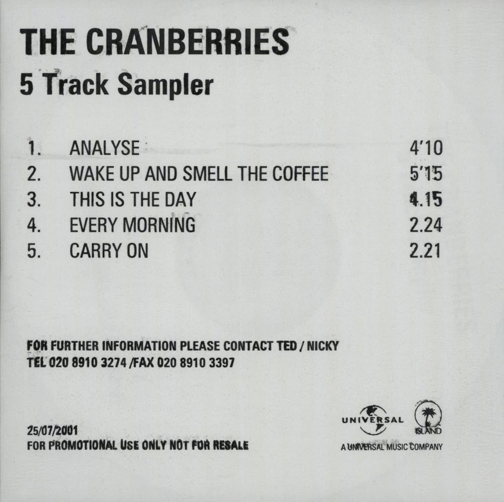 The Cranberries Sampler - Wake Up And Smell The Coffee UK Promo CD-R acetate CDR ACETATE