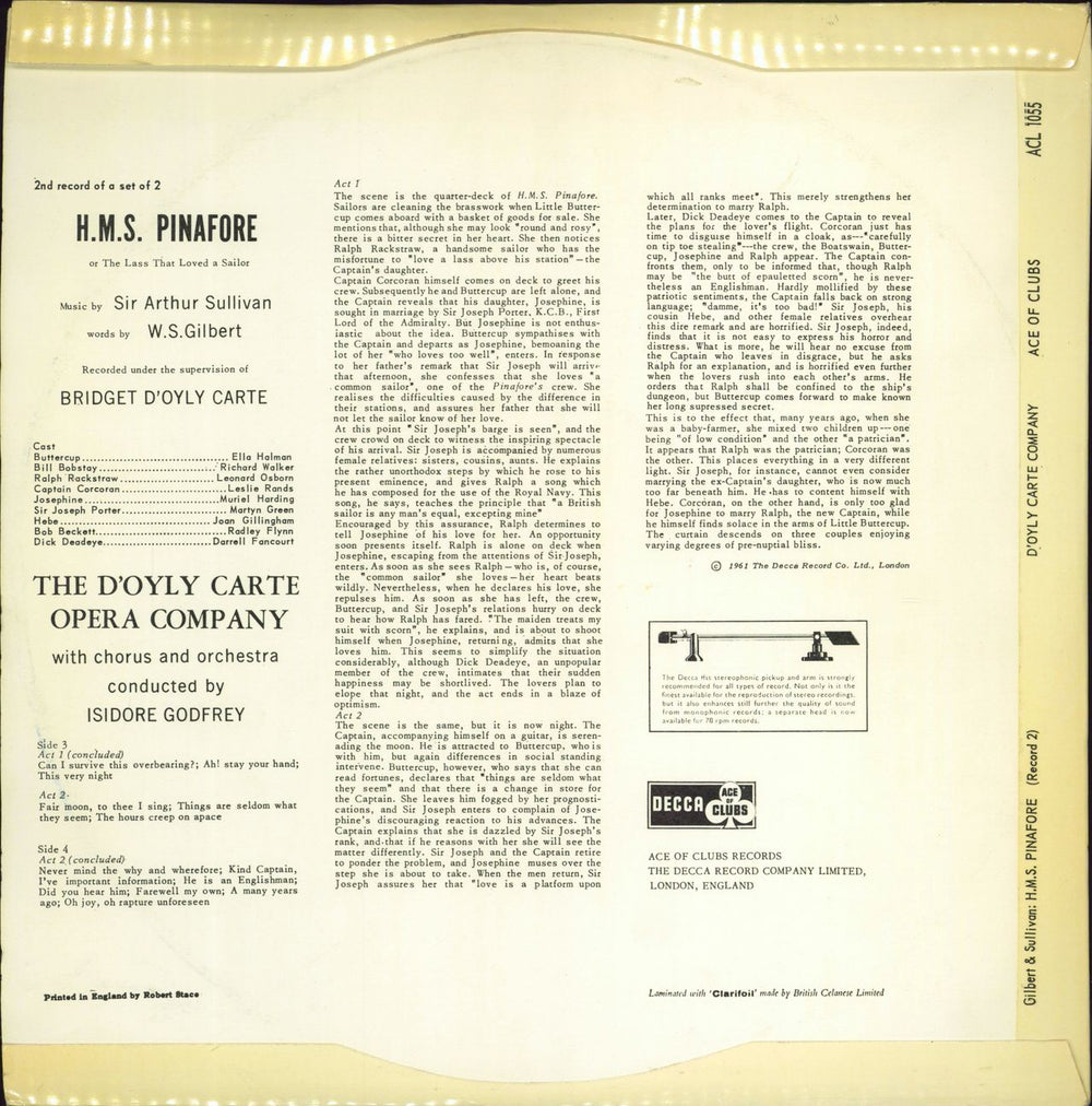The D'Oyly Carte Opera Company H.M.S. Pinafore UK 2-LP vinyl record set (Double LP Album) 1961